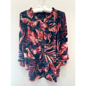 INVESTMENTS | Silky Hawaiian Floral Contemporary Smock Flutter Sleeve Blouse |XL